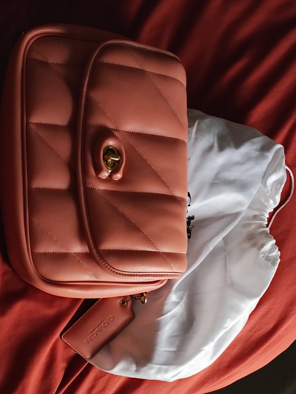Quilted Coral Crossbody Bag with Gold Turn-Lock